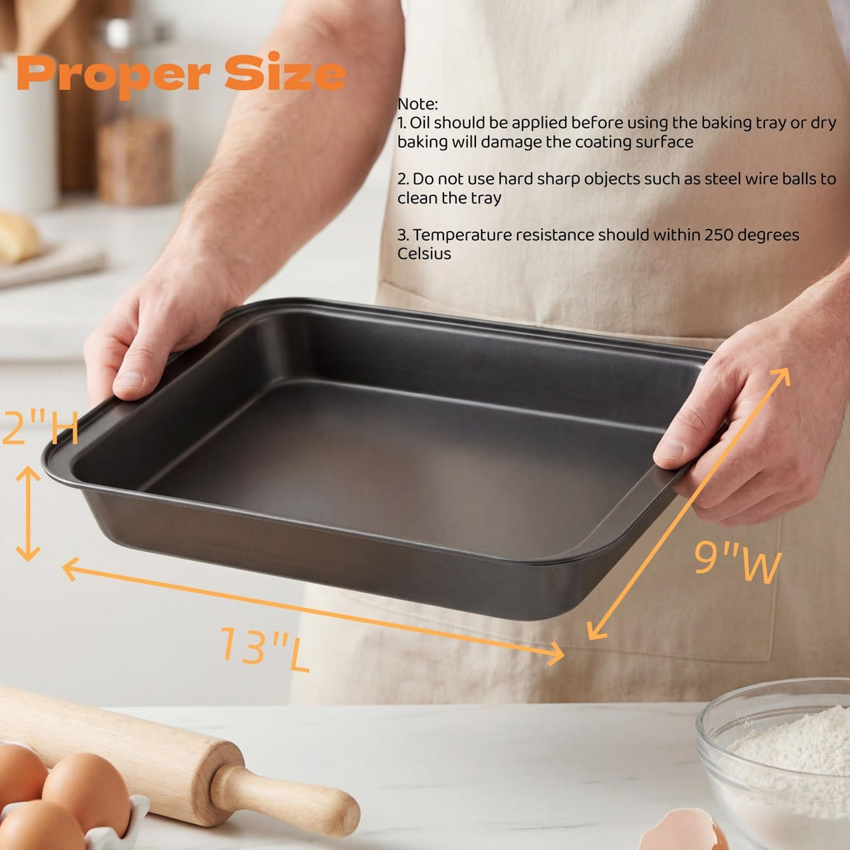 Lyellfe deep rectangle baking tray showing generous depth for casseroles and brownies.