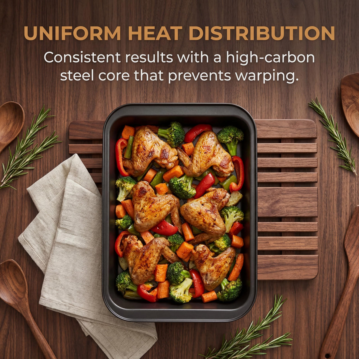 Lyellfe nestable rectangle pan set saves space while hosting multiple dishes.