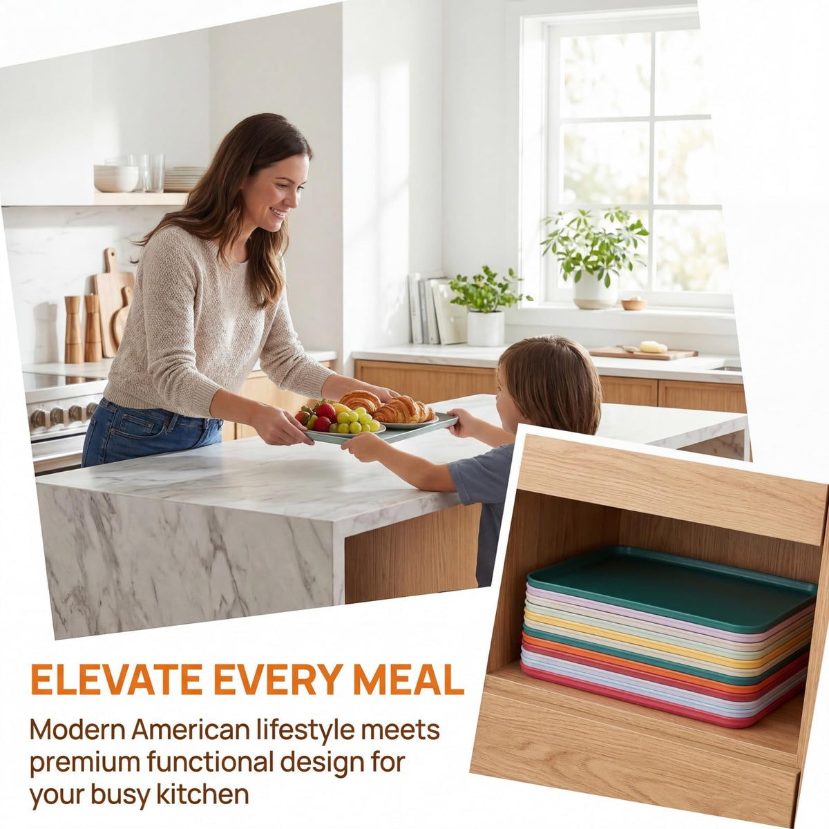 Lyellfe rectangular trays carry hot plates from kitchen
