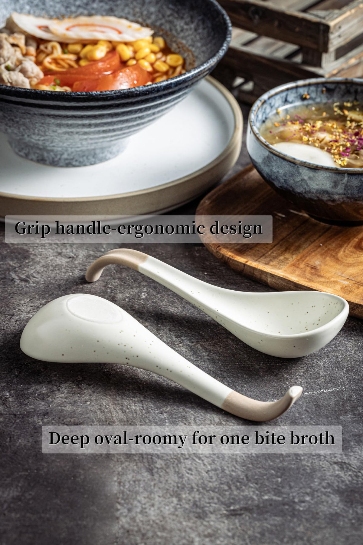 LYEOBOH ramen spoons designed for slurping noodles with less splashes.