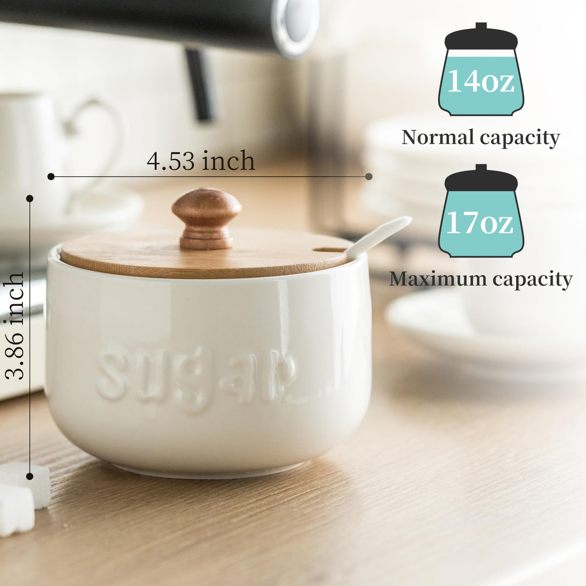 LYEOBOH sugar bowl shows embossed SUGAR text on both sides for durable labeling.