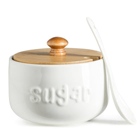 LYEOBOH sugar bowl with wooden lid offers easy access for quick refills.
