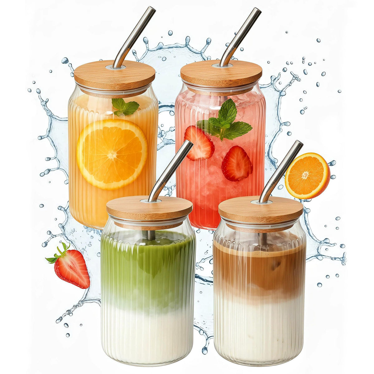 Lyghei 4-pack ribbed glass tumbler with lid and straw, ideal for iced coffee and smoothies.