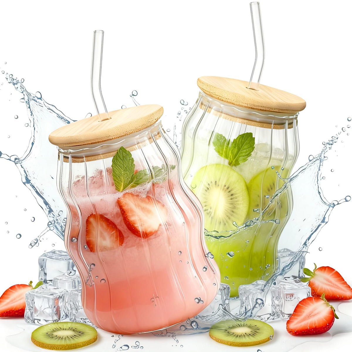 Lyghei cute glass tumbler with lid and straw, crystal-clear and ideal for iced drinks