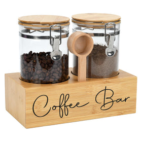 LYHLYA glass coffee canister front view with airtight bamboo lid.