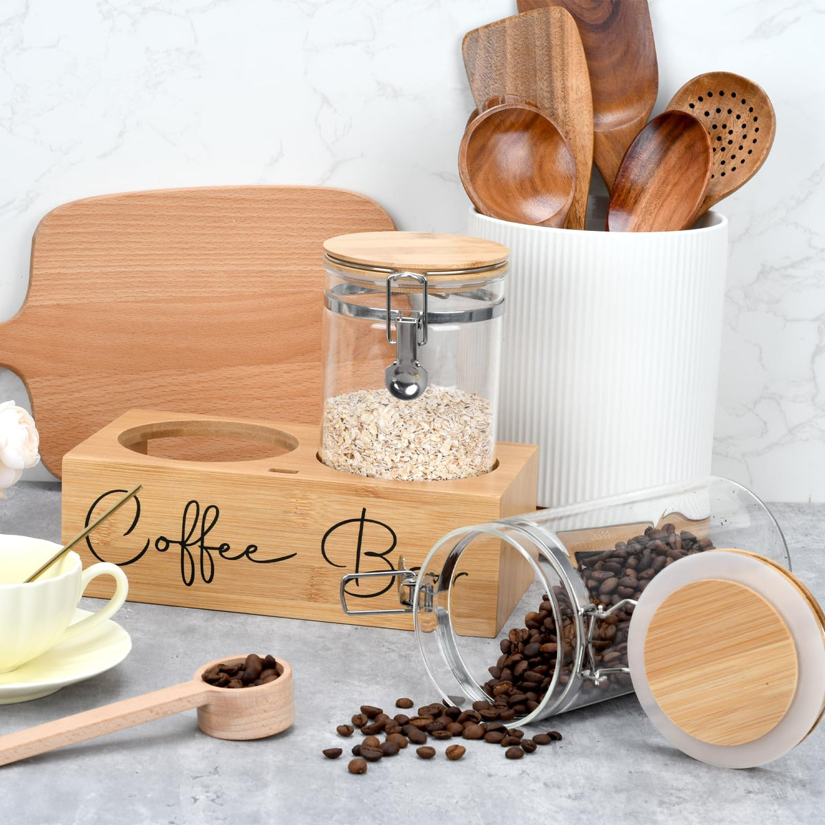 LYHLYA wooden scoop beside canister for easy scooping.