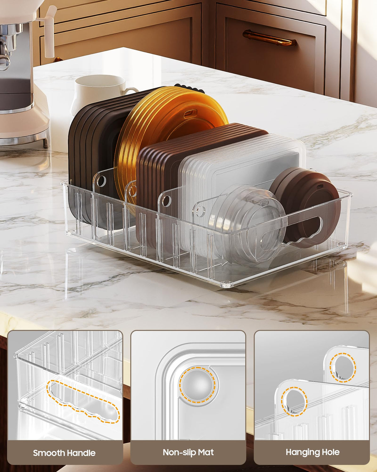 LYNG lid organizer in clear plastic offers quick lid visibility.