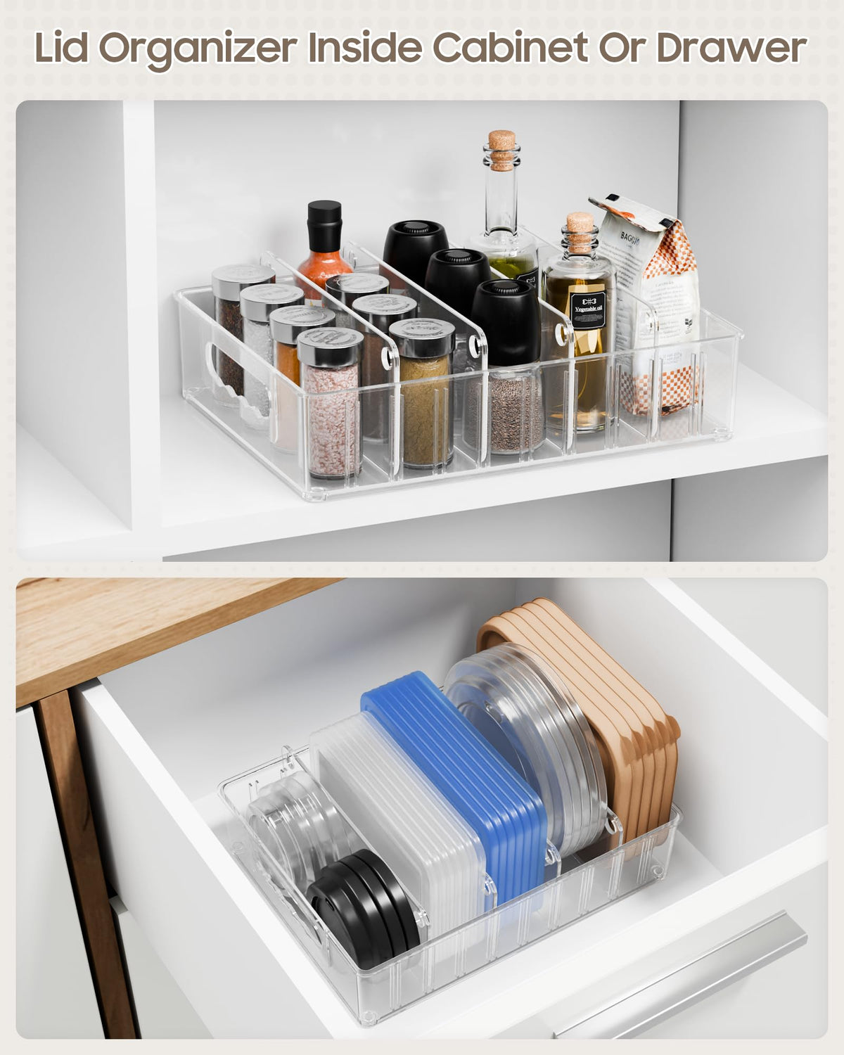 LYNG lid organizer with non-slip bottom stays steady in drawers or cabinets.
