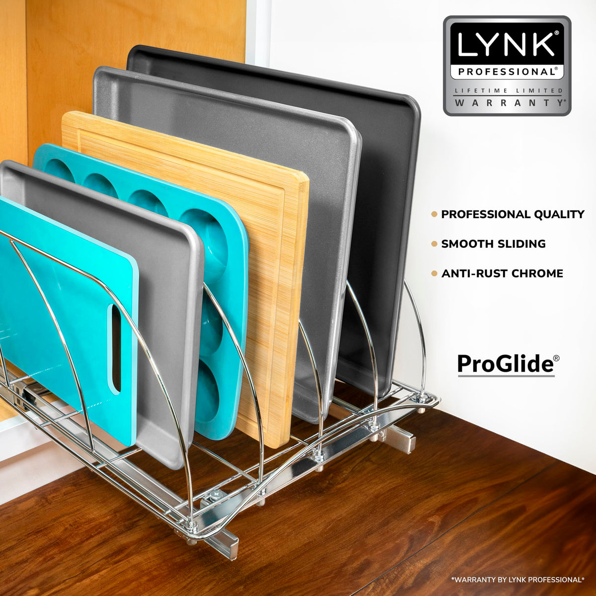 LYNK PROFESSIONAL baking sheets dividers organize pans, reducing clutter in your cabinet.