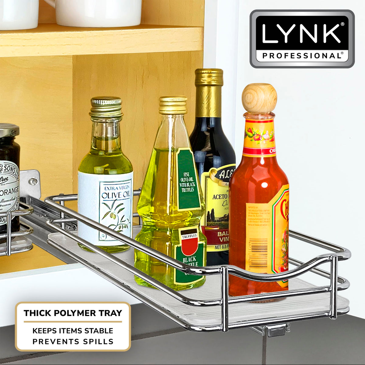 LYNK PROFESSIONAL inside-cabinet storage for tall spice bottles.