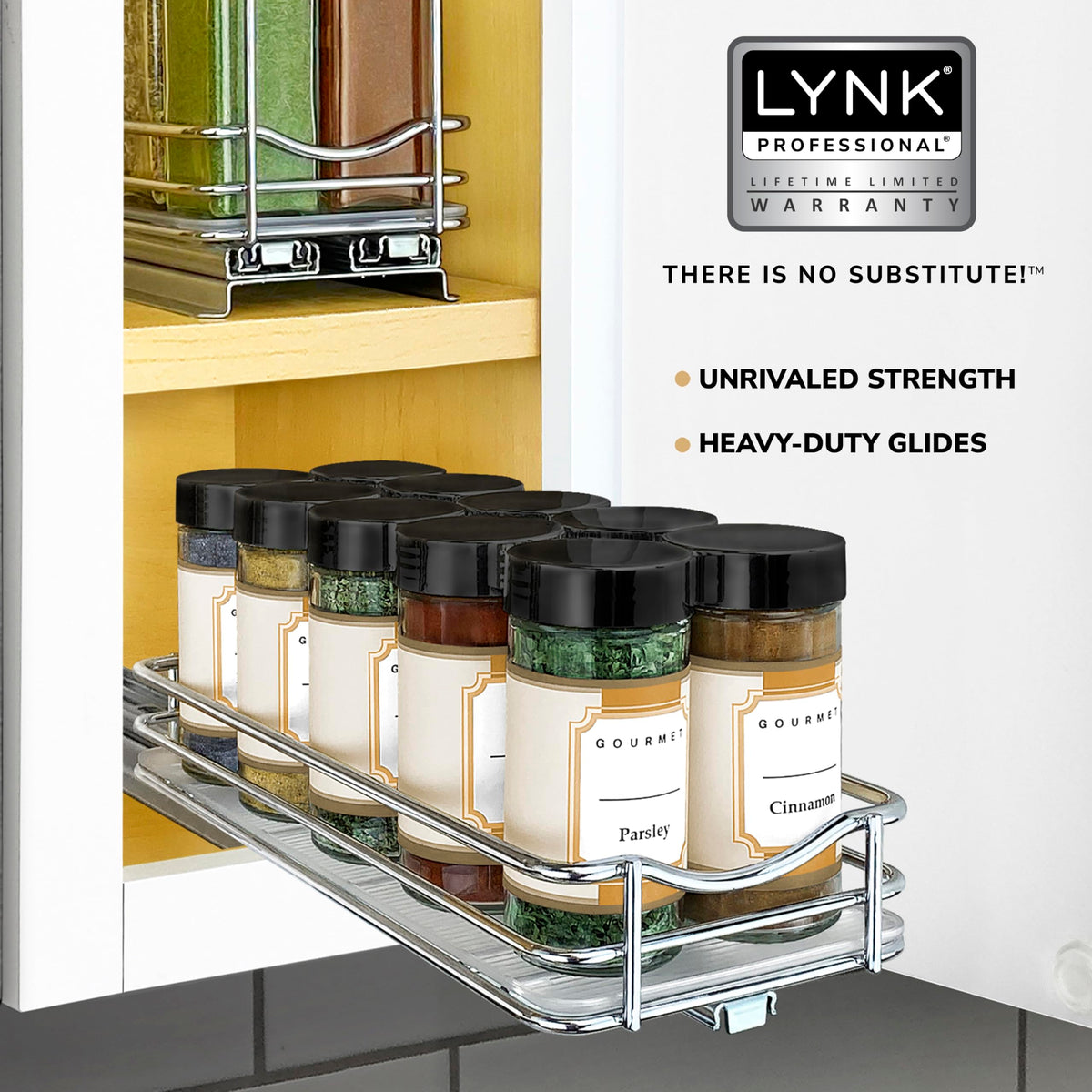 LYNK PROFESSIONAL lifetime warranty backs this cabinet organizer.