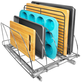 LYNK PROFESSIONAL pull-out cookie sheet organizer in cabinet keeps bakeware accessible.