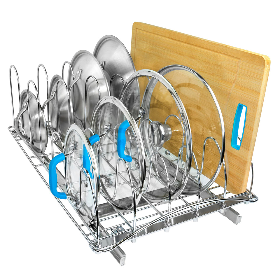 LYNK PROFESSIONAL pull-out lid organizer inside cabinet keeps lids accessible and organized.