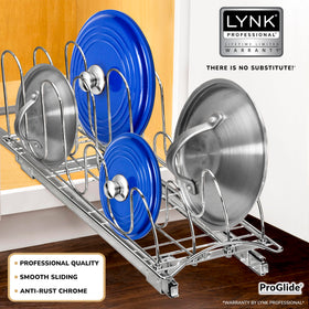 LYNK PROFESSIONAL slide-out lid rack close-up shows sturdy chrome for quick, organized access