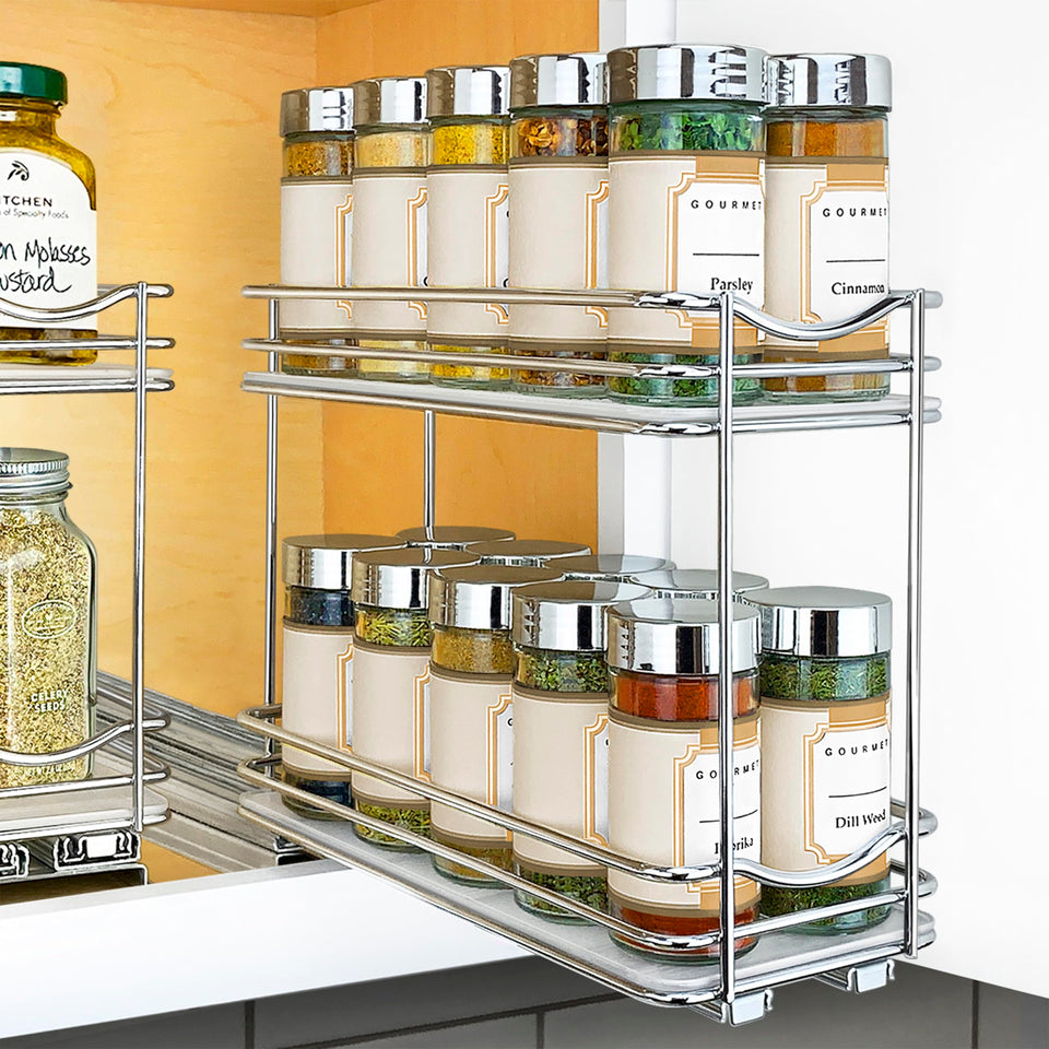 LYNK PROFESSIONAL pull-out spice rack with two-tier chrome design for easy access