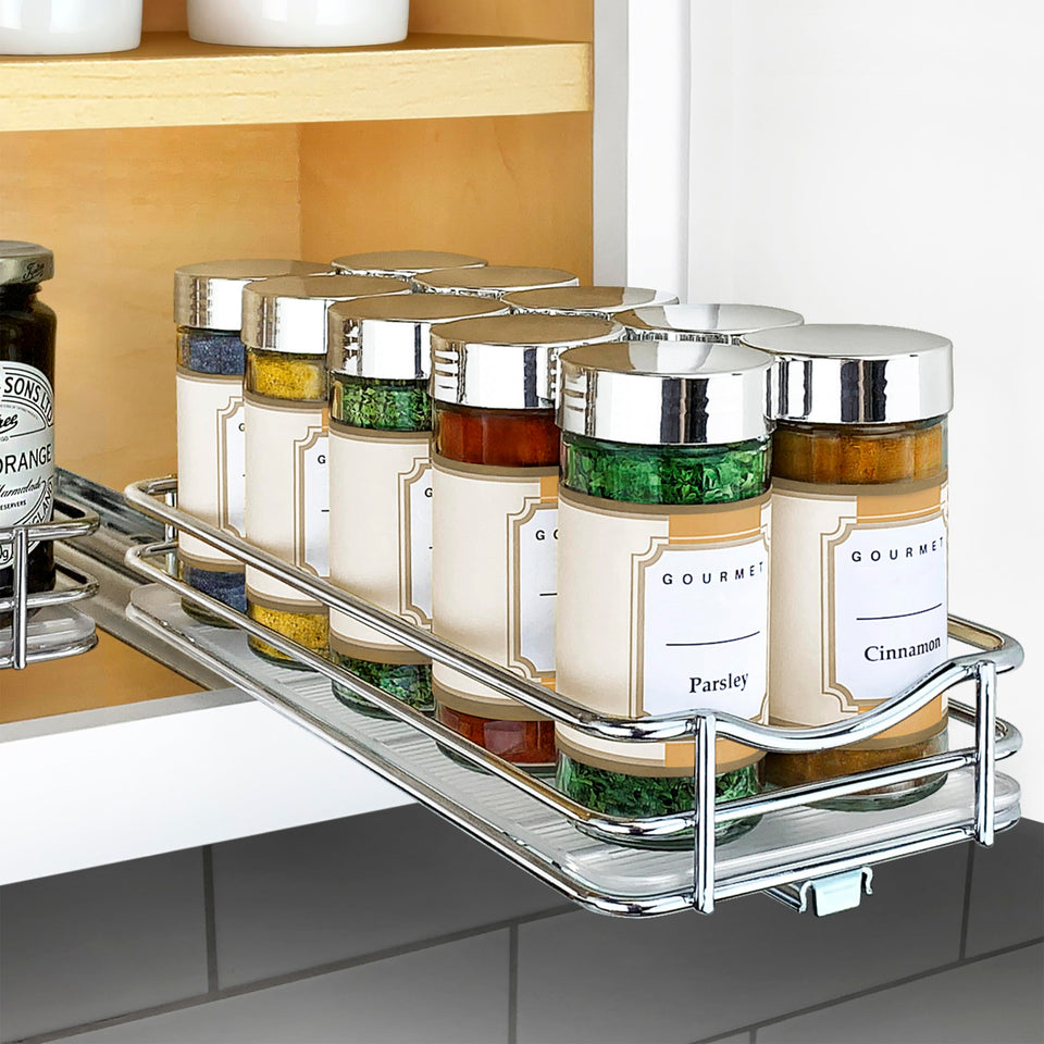 LYNK PROFESSIONAL pull-out spice rack in cabinet for easy bottle access.