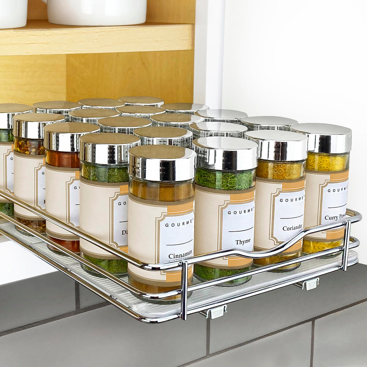 LYNK PROFESSIONAL pull-out spice rack extended for easy cabinet access.