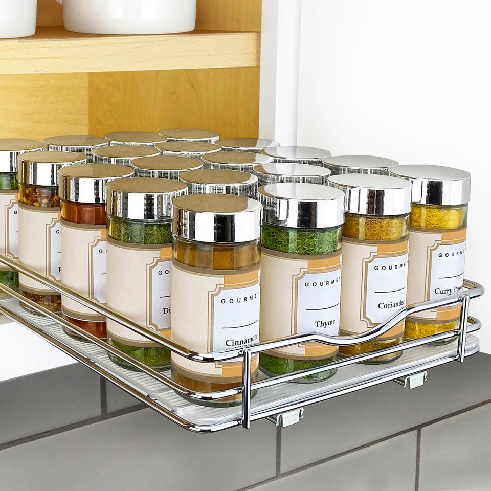 LYNK PROFESSIONAL pull-out spice rack extended for easy cabinet access.