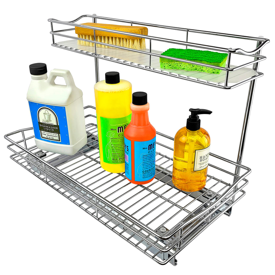 LYNK PROFESSIONAL pull-out under-sink organizer front view for easy access and clutter reduction.