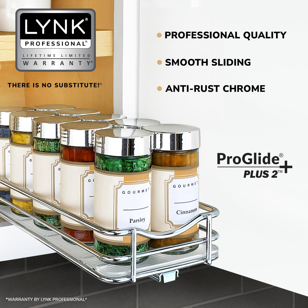 LYNK PROFESSIONAL slide-out spice rack in chrome finish keeps spices organized and within reach.