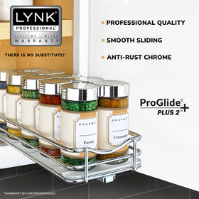 LYNK PROFESSIONAL slide-out spice rack in chrome finish keeps spices organized and within reach.