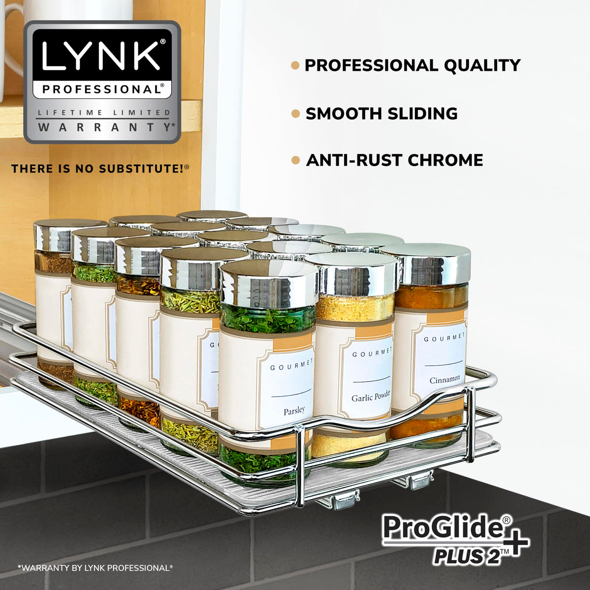 LYNK PROFESSIONAL slide-out spice rack inside cabinet keeps bottles organized.