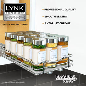 LYNK PROFESSIONAL slide-out spice rack inside cabinet keeps bottles organized.