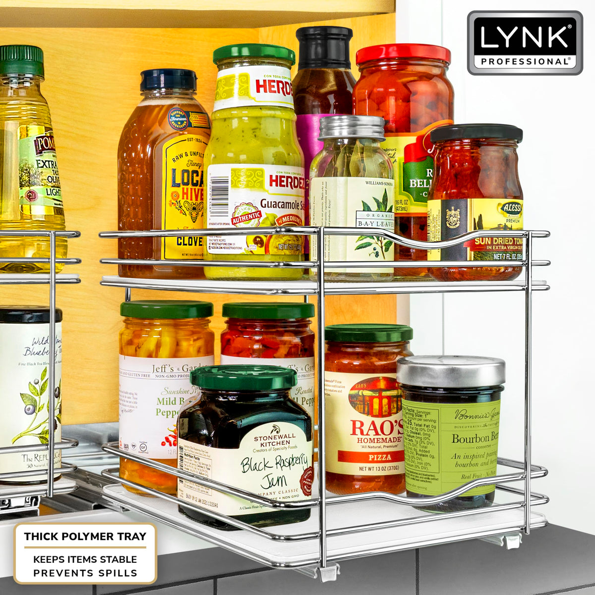 Vertical spice storage for efficient cabinet organization.