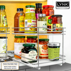 Vertical spice storage for efficient cabinet organization.