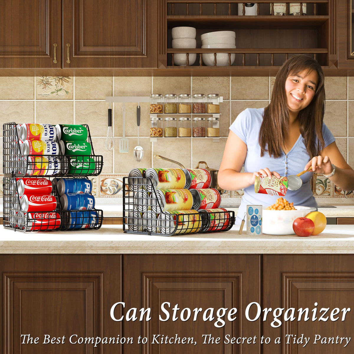 Lyuwanxian stackable organizer filled with cans illustrates compact pantry storage.