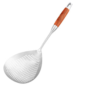 Lyveit 16-inch slotted spoon with wooden handle for safe frying and draining.