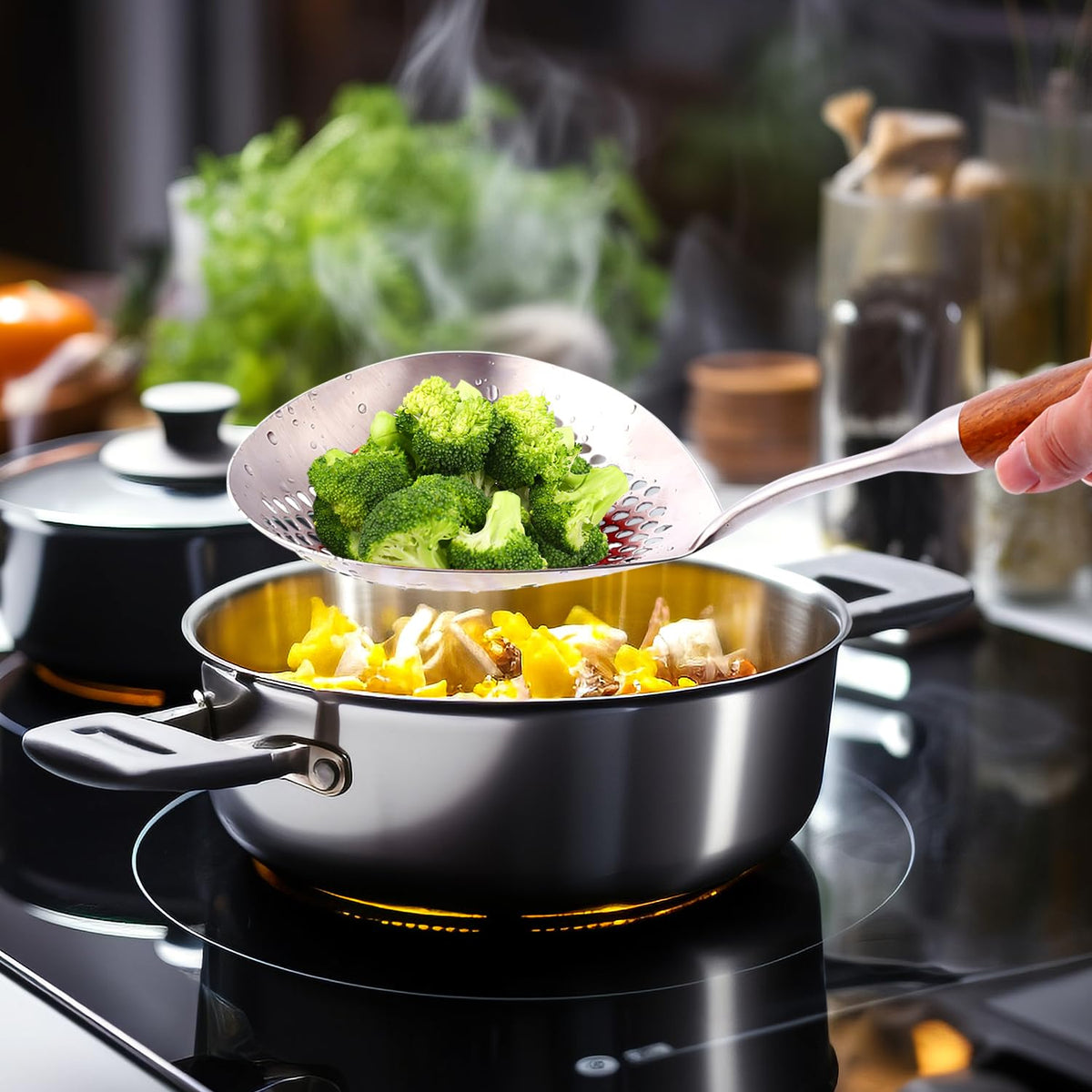 Hanging hole enables tidy storage in a compact kitchen.