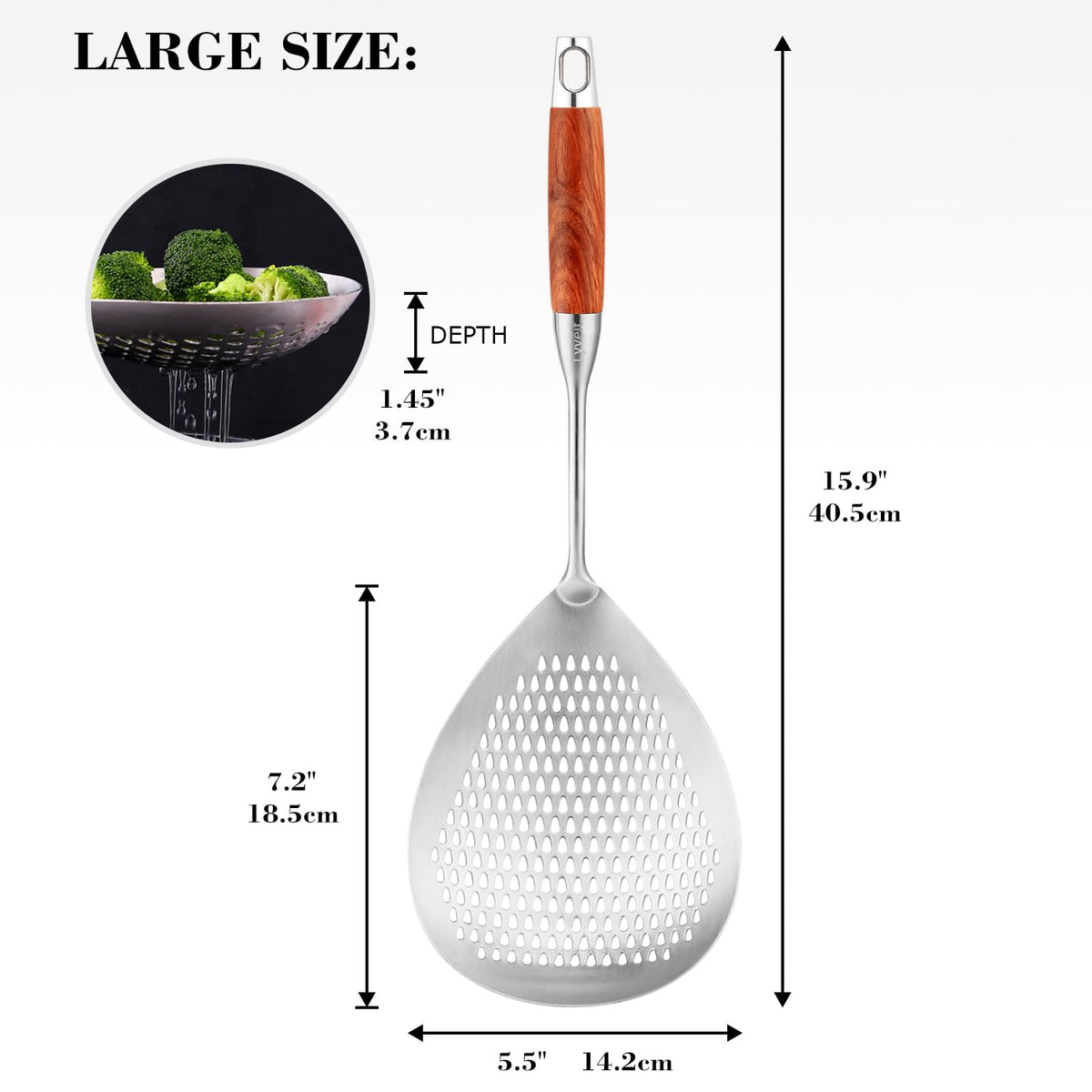 Long wooden handle stays cooler and comfortable during busy cooking.