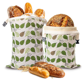 Lyvhoris beeswax bread bag in large 13x17 stores sourdough with a crisp crust.