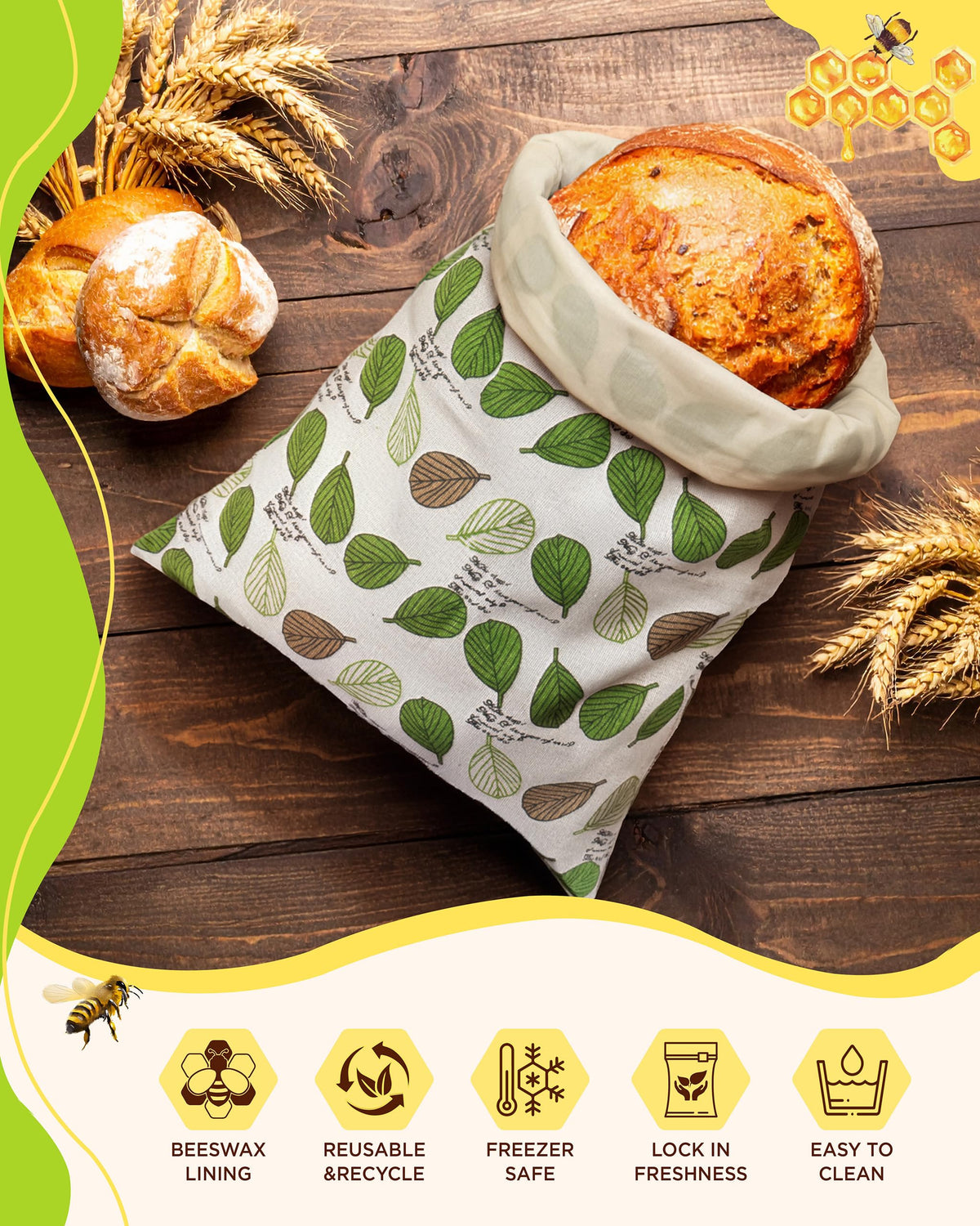 Bread rests on counter inside Lyvhoris bag, preserving crust and interior.