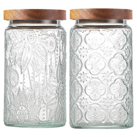 LYXFZQ 34oz vintage glass jar with bamboo lid on display for pantry storage and quick identification.