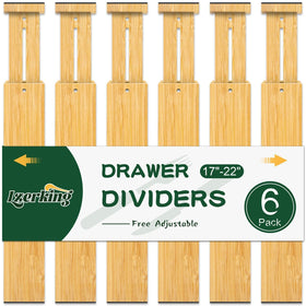 Lzerking bamboo drawer dividers in a kitchen drawer organize utensils.