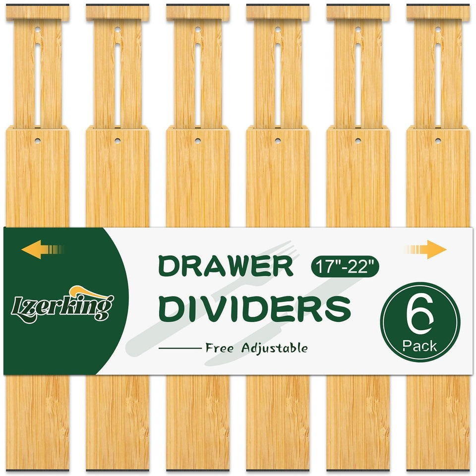 Lzerking bamboo drawer dividers in a kitchen drawer organize utensils.