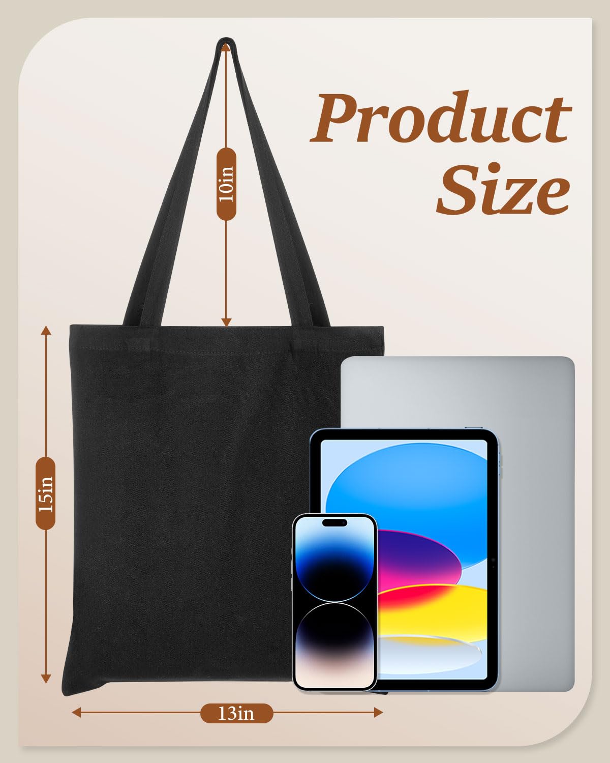 Lzerking canvas tote black 13x15 dimensions, roomy interior for books and groceries.