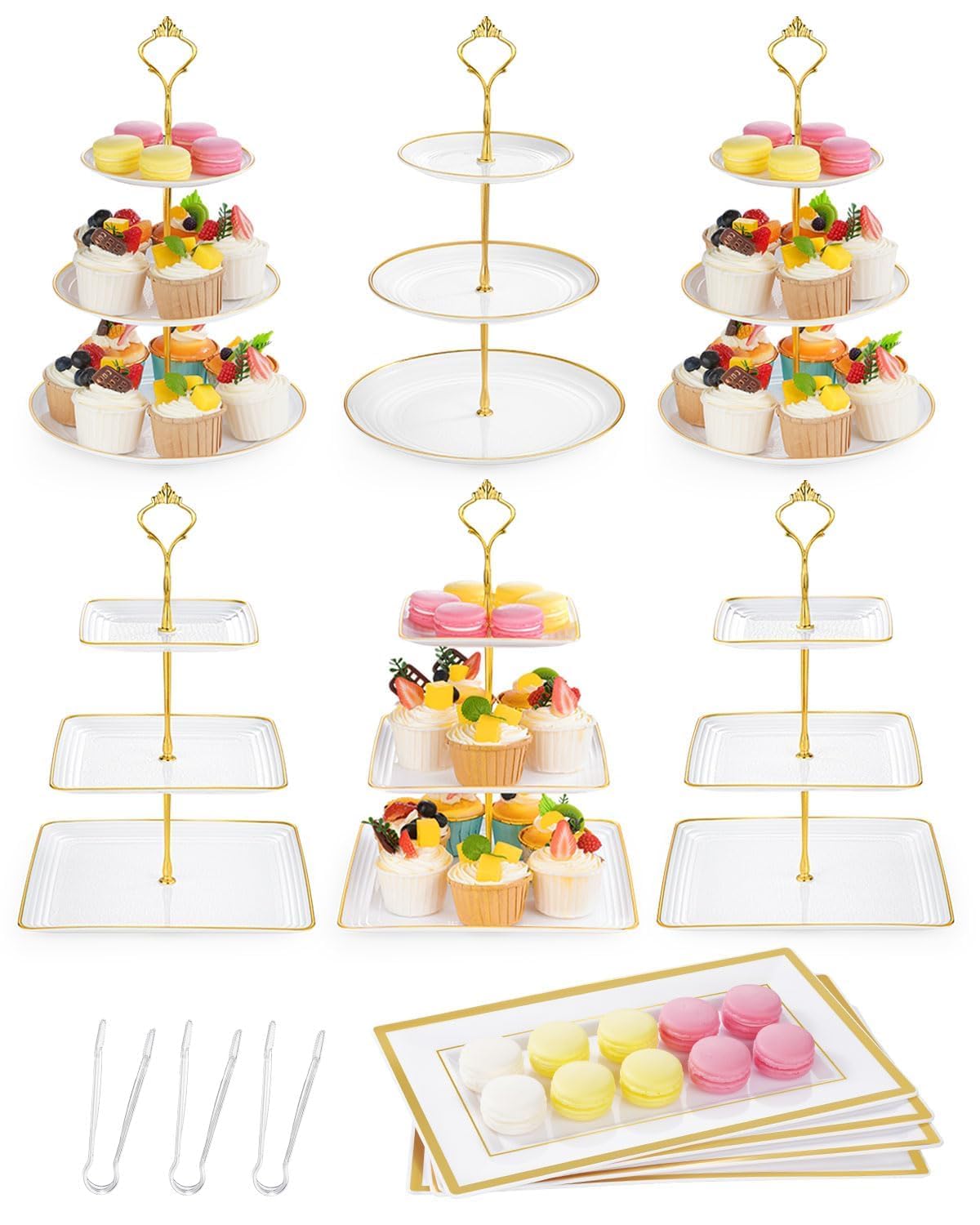 Lzerking dessert table display set in white and gold with round and square stands for elegant party decor.