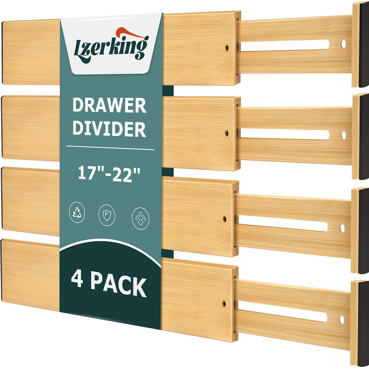 Lzerking 4-pack bamboo drawer dividers in extended view, showing organized utensils.