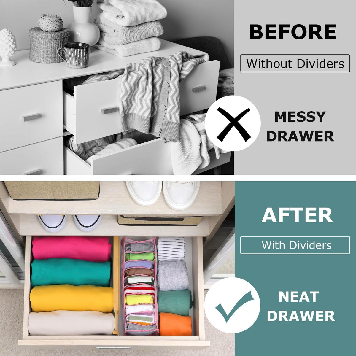 Lzerking dresser drawer organization with bamboo dividers for clothing.
