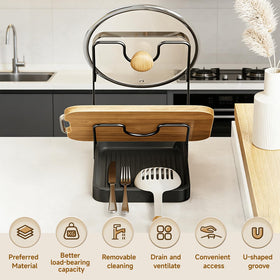 LzzzFZCF multipurpose kitchen organizer doubles as a cutting board stand.
