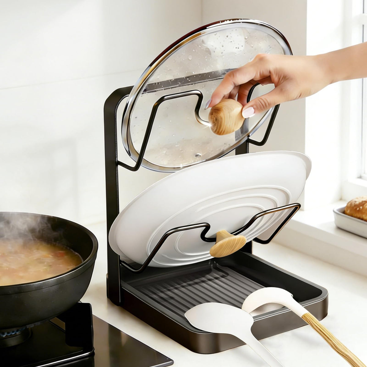 LzzzFZCF two-tier lid storage rack keeps lids organized and accessible.