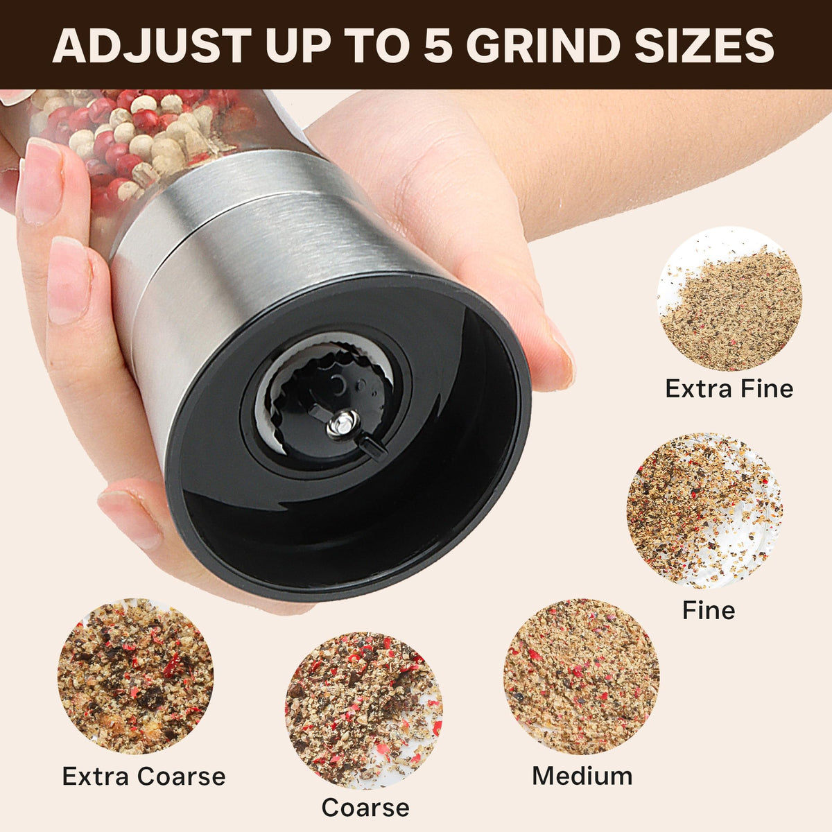 M JINGMEI adjustable coarseness knob for customizable grind size.