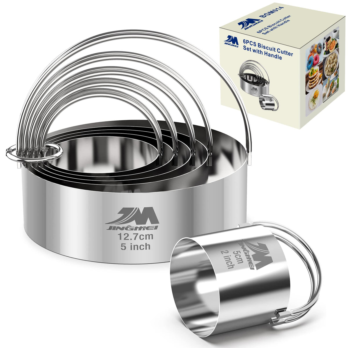 M JINGMEI round biscuit cutters with handle, six sizes for precise cookies.