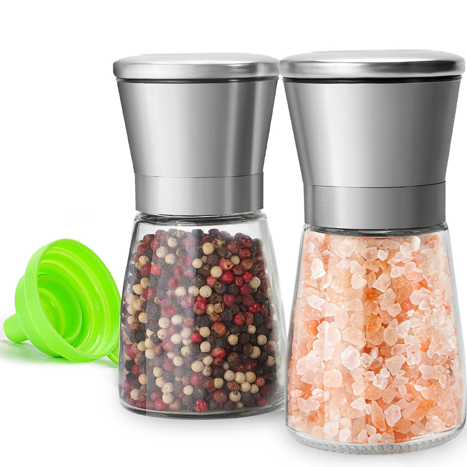 M JINGMEI salt and pepper grinder set with glass body for visibility and easy seasoning.