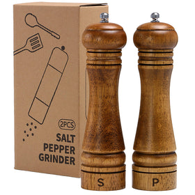 M JINGMEI wooden grinder set side-by-side for salt and pepper grains.