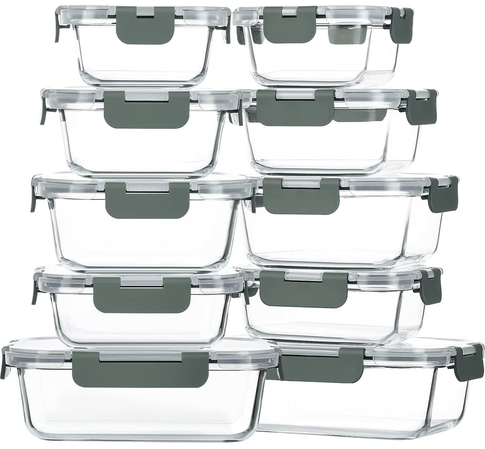 M MCIRCO 10-pack glass containers stacked for organized fridge storage.