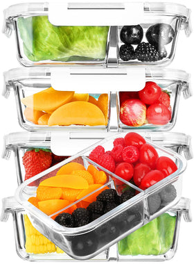 M MCIRCO glass meal prep container with 3 compartments and lids helps portion meals.